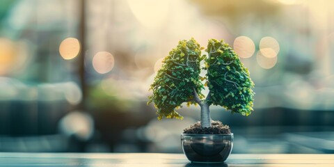 Miniature bonsai tree displayed on a glass table with urban background bokeh lights. - 794742730