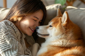 Side view of Akita dog biting new toy held by happy owner in living room. Smiling young japanese woman in casual clothes .