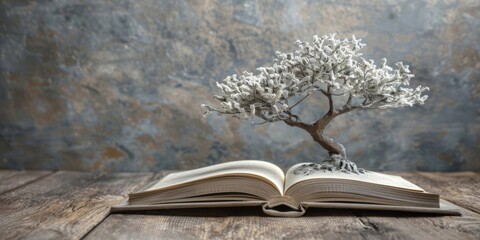 A detailed tree sculpture grows from the pages of an open book on a rustic wooden table. - 794742789