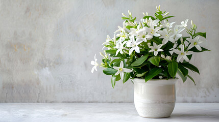 Spring Flowers, Jasmine Flower, bucket with small white spring flowers, White delicate spring flowers on white board, Blooming white campanula on a gray background. Potted plants - obrazy, fototapety, plakaty