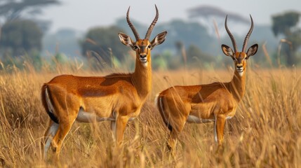 Naklejka premium Red-brown antelope walking on the savannah African plains Wildlife or outdoor adventure Reminiscent of the warmth and beauty of nature.