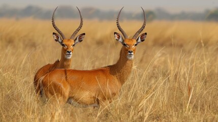 Red-brown antelope walking on the savannah African plains Wildlife or outdoor adventure Reminiscent...