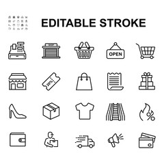 Vector illustration thin line design set. Icons related with commerce, shops, shopping malls, retail. 