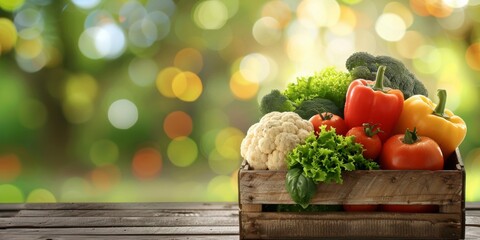 Colorful fresh vegetables in a rustic wooden crate on a blurred green background, symbolizing healthy eating. - obrazy, fototapety, plakaty