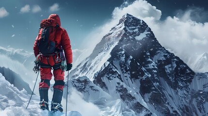 Dramatic Image of a Climber Reaching the Summit of Mount Everest, Capturing the Triumph of Human Spirit