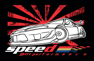 Vector colorful illustration of stylized car with text and graphic elements in the background. © Leo