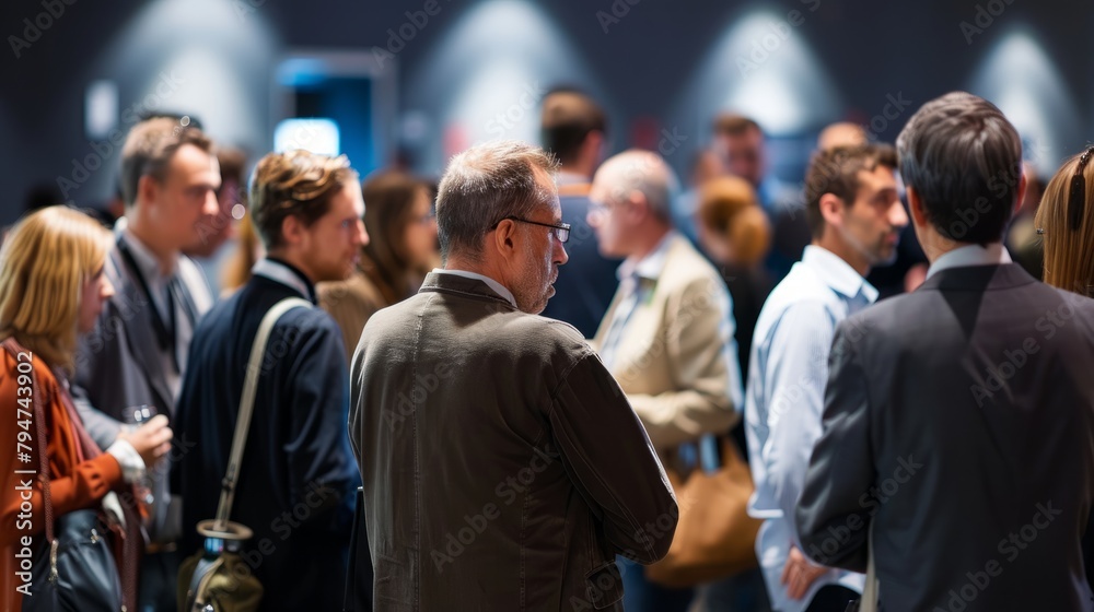 Wall mural A crowd of people standing around each other, engaged in conversations and networking during a conference hall event