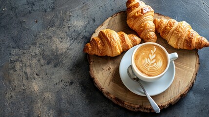 A closeup view of a cup of coffee and freshly baked croissants arranged neatly on a wooden board - obrazy, fototapety, plakaty