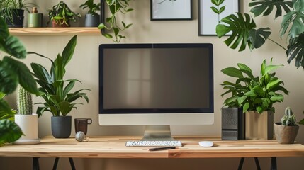 A desktop computer sitting on a wooden desk in a minimalist office setting with plant accents