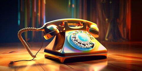 A photo of a retro rotary phone warm tungsten lighting communication on lighted background
