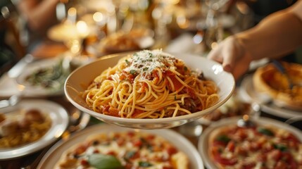 Naklejka na ściany i meble A person holding a plate of spaghetti surrounded by other plates of food on a table in a bustling restaurant setting