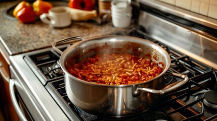 A pot filled with pasta and sauce cooking on a stove in a southern homestyle kitchen - obrazy, fototapety, plakaty