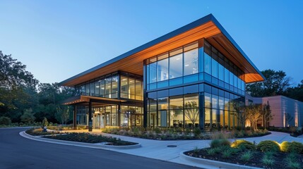 A sleek, upscale dental clinic building featuring a large glass structure with numerous windows and a wooden roof - Powered by Adobe