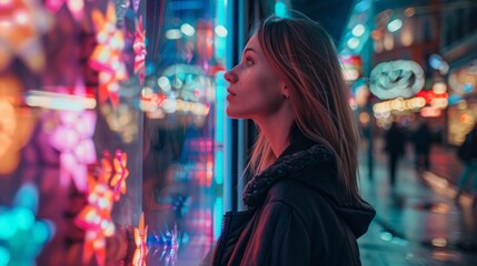 A woman standing on city street, gazing at a vibrant store window display during the night