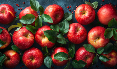 Vibrant Red Delicious Apples with Sliced Fruit, Green Foliage - Fresh Produce, Healthy Snack, Harvest Season