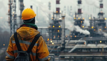 A man in a yellow jacket stands in front of a large industrial plant by AI generated image