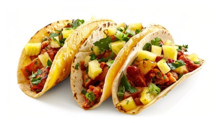 Three delicious tacos filled with pineapple salsa and topped with fresh cilantro on a white background