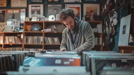 Voile Gardinen Musikladen A music enthusiast is flipping through vinyl records in a record shop