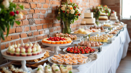 An attractive banquet table with a variety of sweet treats, including strawberry shortcake and cheesecake, against a brick wall for events and celebrations - 794745721