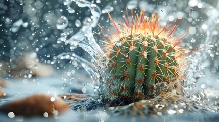 A cactus is surrounded by water droplets, creating a unique contrast between desert and aquatic elements