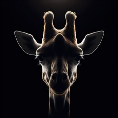 A giraffe in front portrait, with the rim light. The background is black