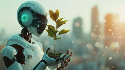 Balancing Nature and Technology: Harmonious Coexistence, robot holding plant seeds