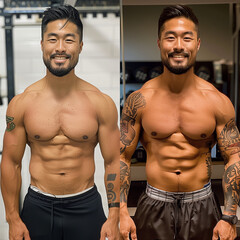 Before and after fitness comparison of a man, showcasing the visible transformation from an initial state to a more toned and muscular physique. The before image presents the starting point, while the