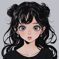 Una linda ilustración de una chica con grandes ojos y un peinado moderno de dos chongos - obrazy, fototapety, plakaty