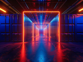 Container stage, inside elegance, neon lights, fisheye lens, noir ambiance, 3D render , 3DCG , cinematic , 8K , high-resolution