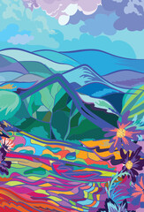 mountain tree vibrant art kubism