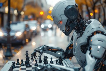 Fototapeta premium A robot playing chess with a human in a public square, with interactive digital billboards and autonomous cars passing by