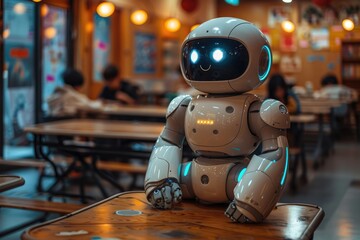 A robot tutoring children in a classroom with interactive, holographic lessons, adapting to each childs learning pace and style