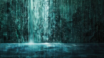 Binary code waterfall cascading into a digital abyss