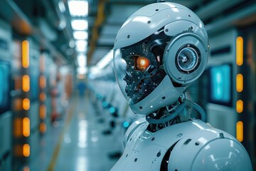 Fototapeta premium An AI-powered diagnostic robot analyzing patient scans and discussing treatment options with a team of doctors via a digital interface