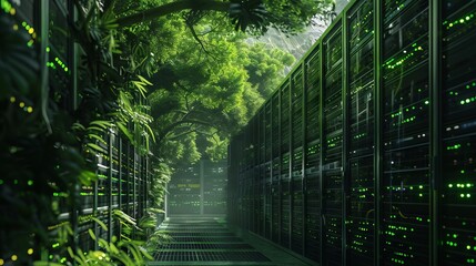 Tech-Nature Fusion: Green-Lit Server Racks Integrate with Verdant Surroundings