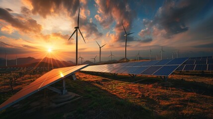 Transitioning to Renewable Energy: Wind Turbines and Solar Panels Harnessing Solar Power at Sunset