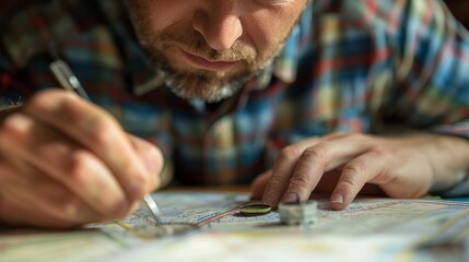 Intense man focusing while writing on a map with a pen