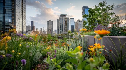 A city skyline view from a high rise garden, showcasing the urban landscape below