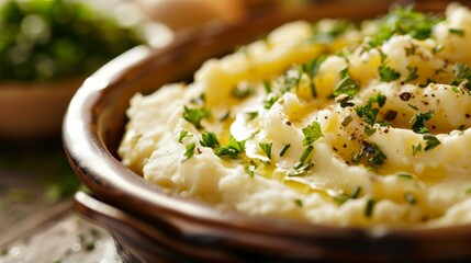 Closeup of a wooden bowl filled with creamy mashed potatoes topped with fresh herbs