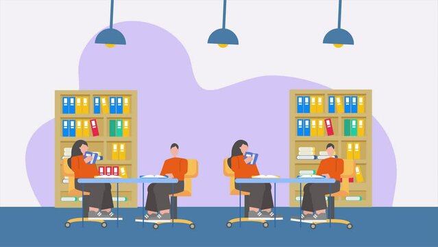 Animated video library concept. Full length animation illustration. High quality 4k footage.