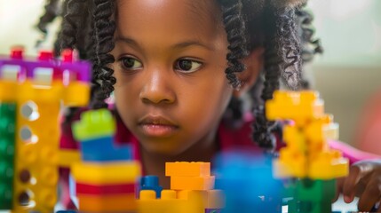 Fototapeta premium A little African American girl is fully focused and engaged in playing with a bunch of colorful Lego blocks