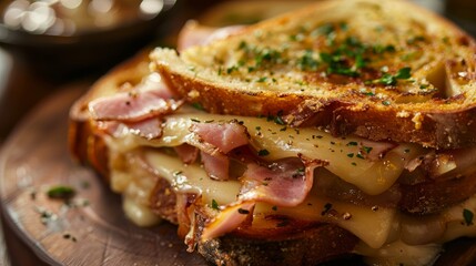 Detailed view of a freshly made Croque Monsieur sandwich on a wooden platter, showcasing the golden-brown toast and melted cheese - obrazy, fototapety, plakaty