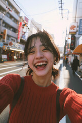 An authentic street-style selfie captured in the 2020s, featuring a cheerful Japanese Gen Z girl. She exudes youthful energy and confidence as she laughs candidly into the camera, radiating positivity