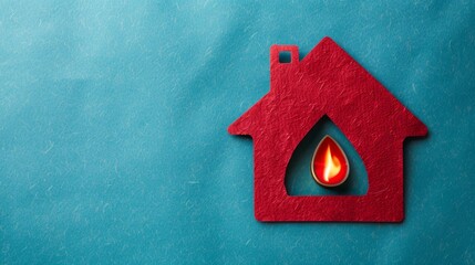 Creative red house silhouette with a vibrant flame at the center against a blue background. - 794749780