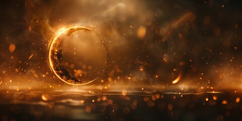 Golden circular ring with sparkling light particles on a dark background. - 794749942