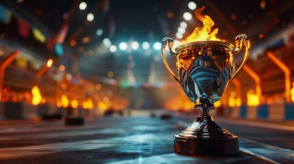 An ignited trophy cup against a vibrant, bokeh-lit stadium background symbolizes victory and competition. - 794750170