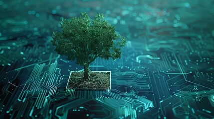 Sustainable Tech: Tree Growth Symbolizing Green Computing on a Circuit Board
