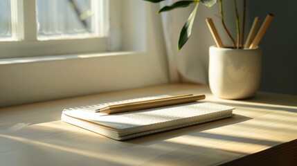 A pen and notebook are neatly placed on a desk, with a window in the background. The setting is minimalist and serene