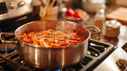A pot of pasta and sauce is simmering on a stove in a southern homestyle kitchen in Goa - obrazy, fototapety, plakaty