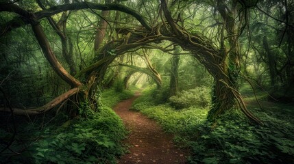 A meandering path cutting through a dense, green forest filled with twisted branches and vines
